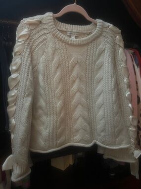 And Now This Cream Cable Knit Crewneck Sweater with Satin Ribbon Sleeves